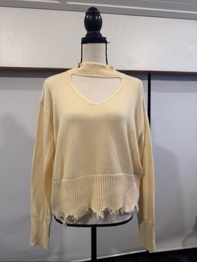 525 America Cream V-Neck Cutout Distressed Sweater